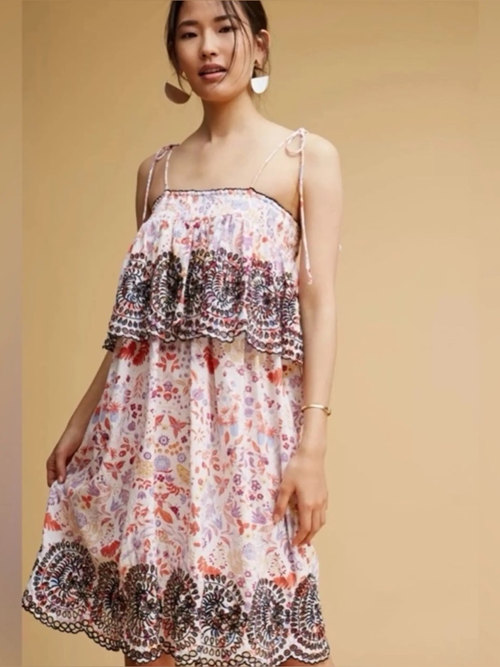 Anthropologie Antik Batik Samsa Eyelet Embroidered Floral Tiered Dress Xs Cotton
